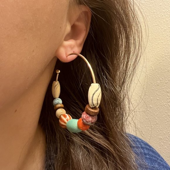 Bohemian Gold Hoop Green Orange Wooden & Ceramic Beads Earrings NEW - Picture 3 of 5